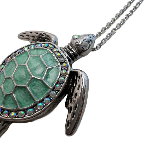 Sea Turtle Necklace Aqua Enamel AB Crystal Rhinestones Shiny Silver Tone - Picture 3 of 10